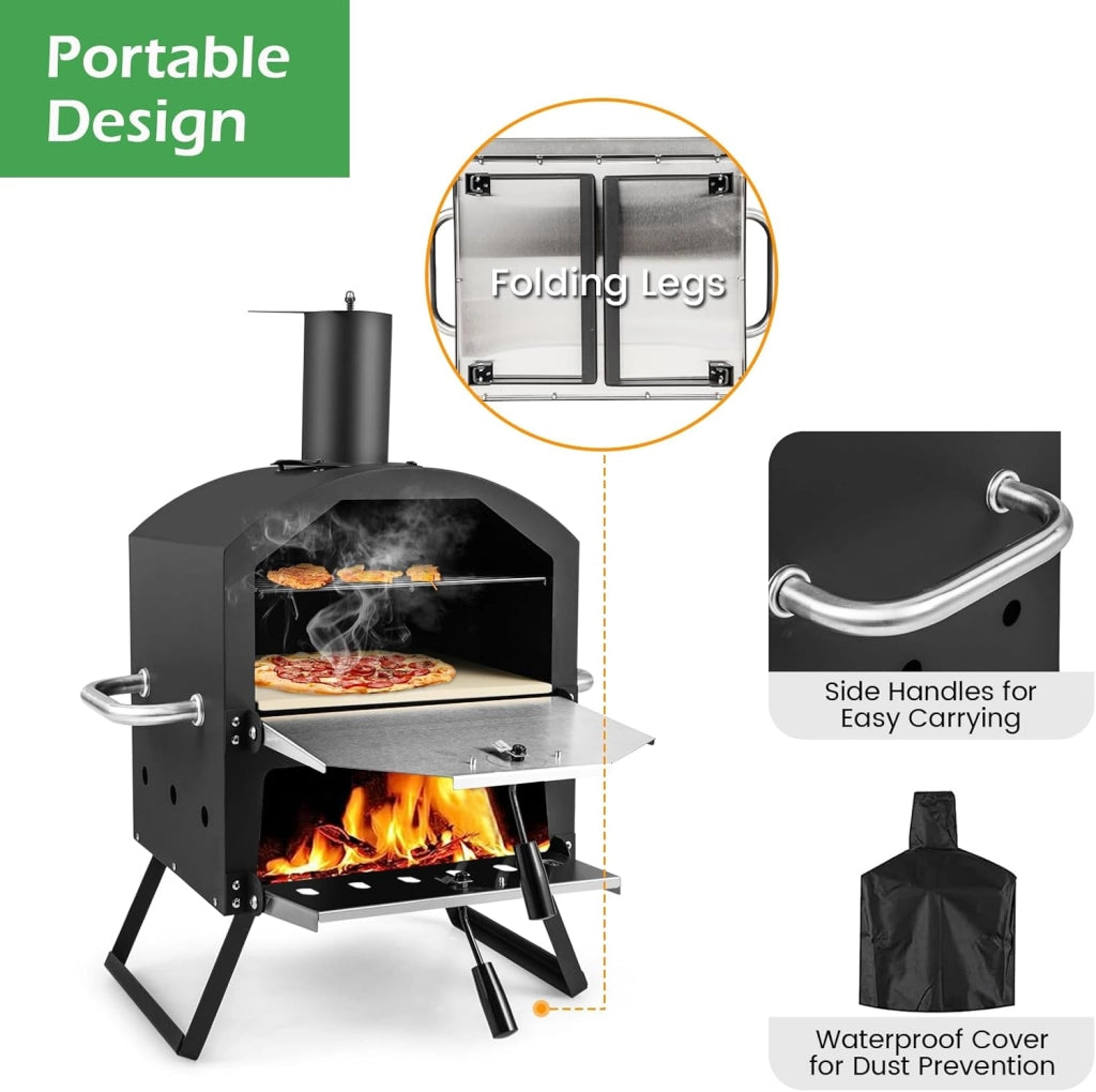 Forno per pizza aperto per esterni, 2 sezioni, 600°C, Forno in Legno portatile in Acciaio inossidabile, Mini Forno con Pizza, Spatola per Pizza, Griglia Coperchio impermeabile