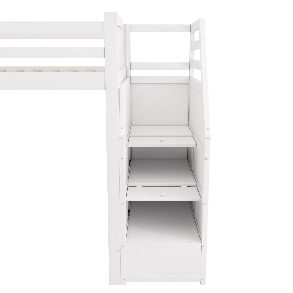 Letto a soppalco 90 × 200 cm con scivolo e scala contenitore in legno di pino e MDF bianco; altezza 147 cm
