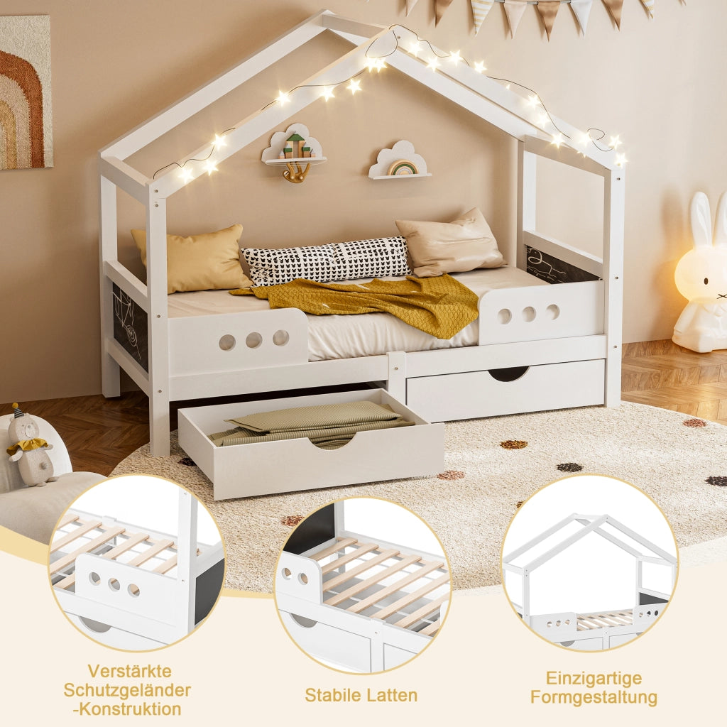 Lettino per bambini con tetto; 2 cassetti e lavagna; 90x200 cm; bianco