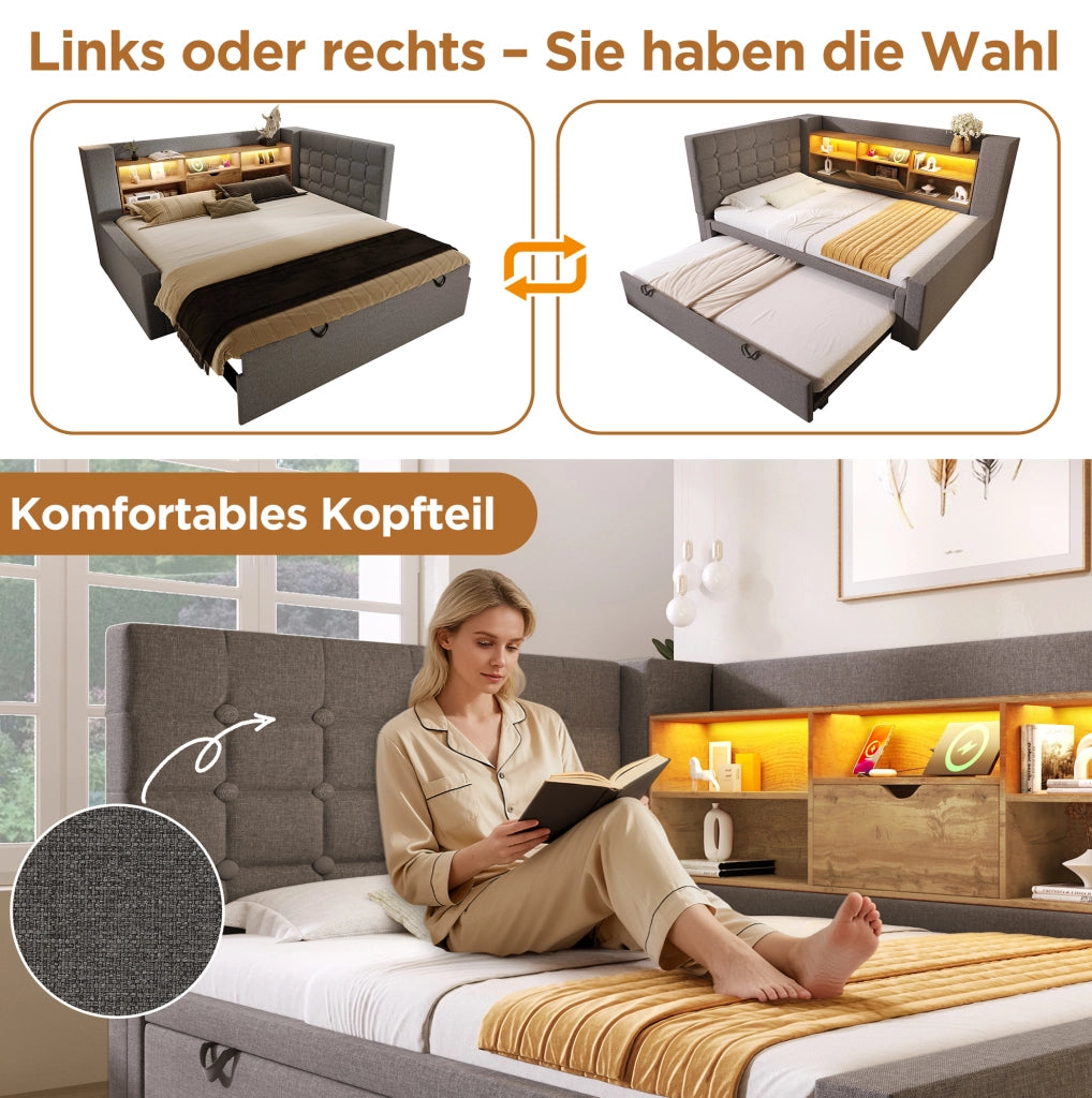 Letto imbottito con letto estraibile, LED e USB