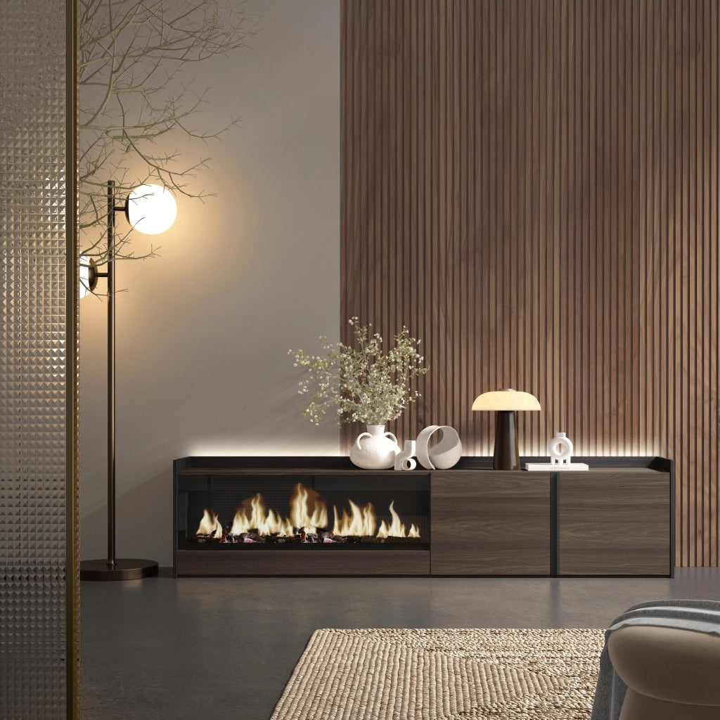 Mobile TV Soggiorno, 212x50x35 cm, Per TV fino a 80", Camino elettrico XXL, LED, Rovere scuro e Nero