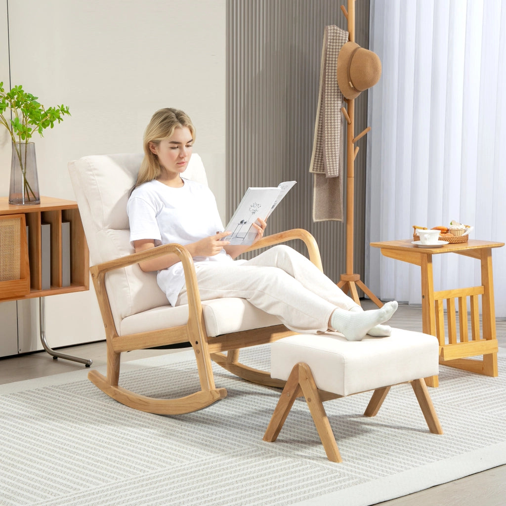 Poltrona Dondolo con Pouf ¨C Zephmum ¨C Tessuto Boucl¨¦, Legno, Cremewei?