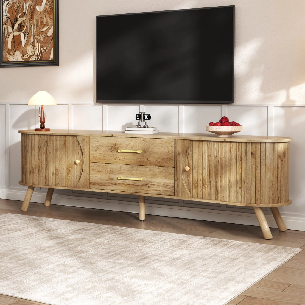 Mobile porta TV con 2 ante scorrevoli e 2 cassetti effetto scanalato verticale per soggiorno naturale 160 × 36,5 × 55 cm