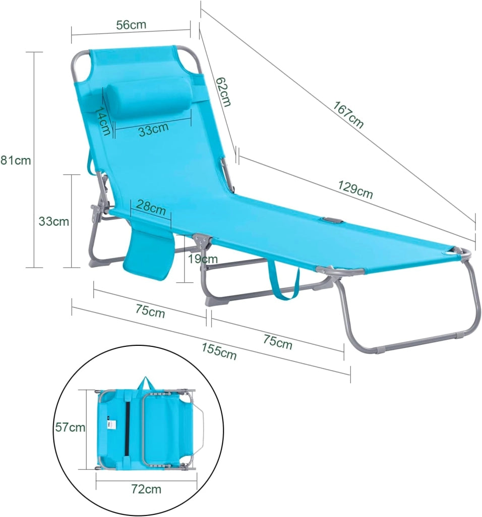 Set di 2 Sdrai da Giardino Lettino Prendisole con Cuscino e Tasca Laterale Sedia Sdraio da Esterno per Patio, Campeggio Spiaggia, Sdraio Pieghevole da Giardino Azzurro 155x56x81cm OGS35-Bx2