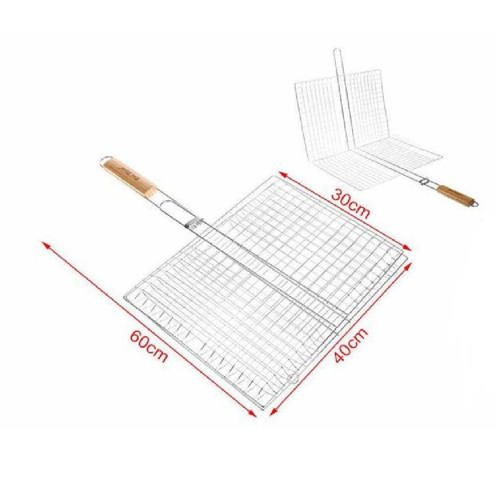 Trade Shop - Graticola Griglia A Rete Doppia Per Barbecue 60x40x30cm Con Manico Legno 2406339 -