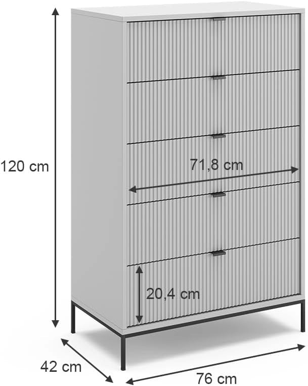 Cassettiera per camera da letto Eliza, Grigio, 76 x 120 cm, per conservazione e utilizzo in camera da letto o corridoio