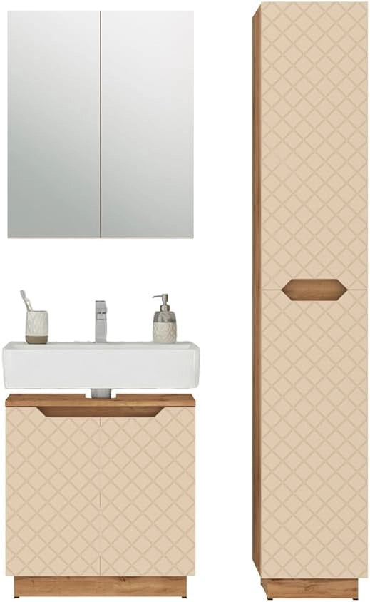 Set di mobili da bagno Lotta, Cachemire, 59.8 cm, composto da mobile sottolavabo, specchiera e colonna alta