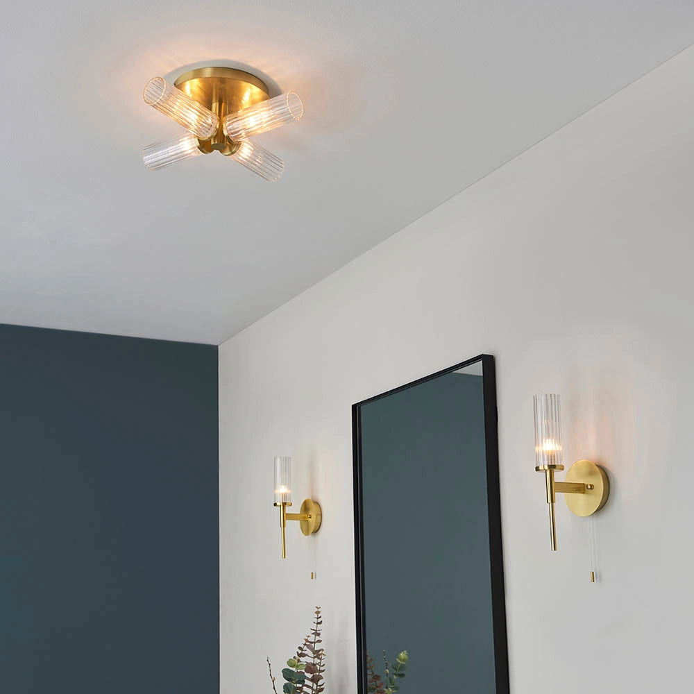 Plafoniera bagno ottone satinato vetro rigato 4xG9 IP44