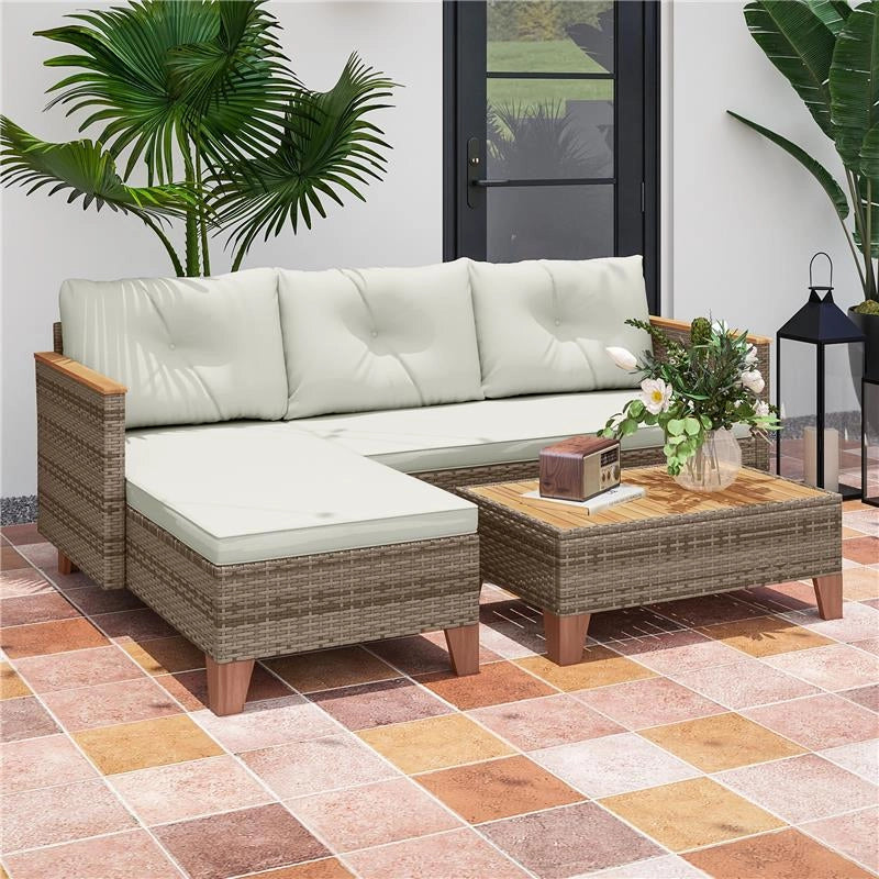 SALOTTO DA GIARDINO IN RATTAN PE CON DIVANO 2 POSTI CHAISE LONGUE E TAVOLINO DA CAFFÉ CREMA