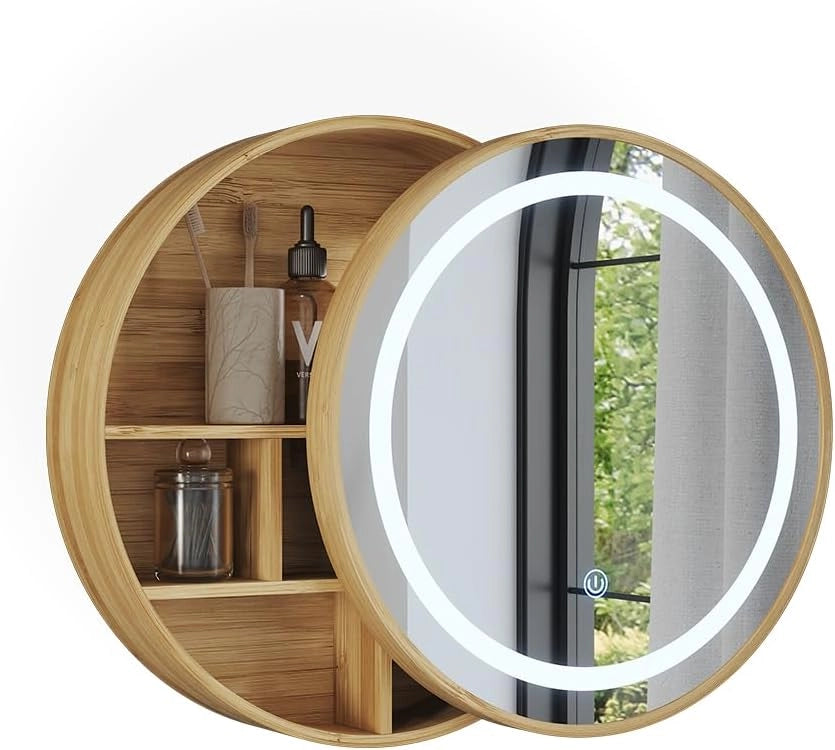 Specchio contenitore bagno Silva, Bambù, 50 x 50 cm con 5 vani portaoggetti, per montaggio a parete con illuminazione LED integrata