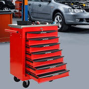Mobile contenitore portautensili con 7 cassetti e ruote, chiusura a chiave, in acciaio, rosso nero, 62,5 × 34,5 × 78 cm