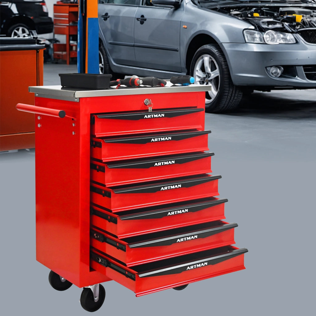 Mobile contenitore portautensili con 7 cassetti e ruote, chiusura a chiave, in acciaio, rosso nero, 62,5 × 34,5 × 78 cm