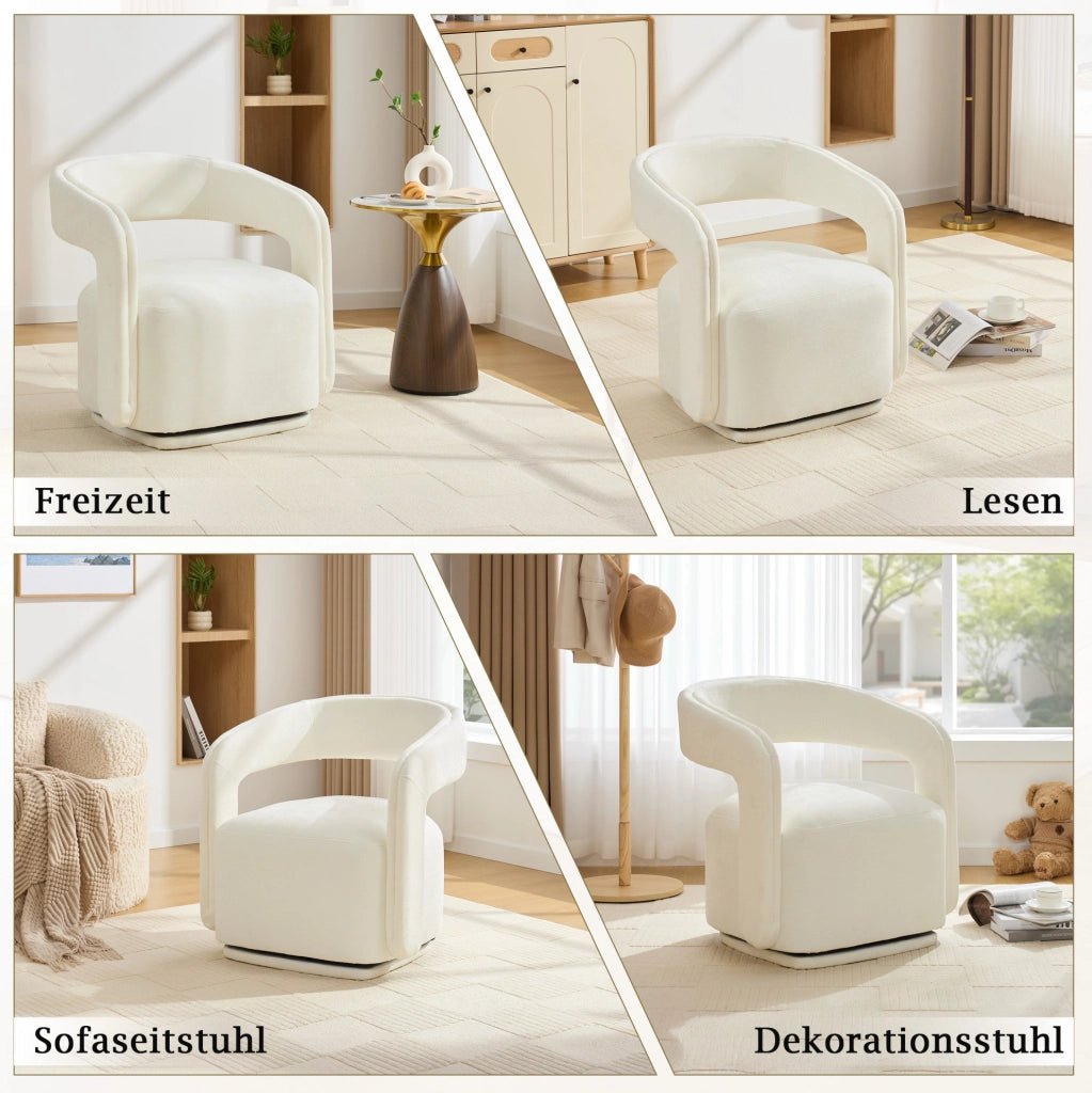 Poltrona girevole 360° in ciniglia bianca, design Barrel Chair