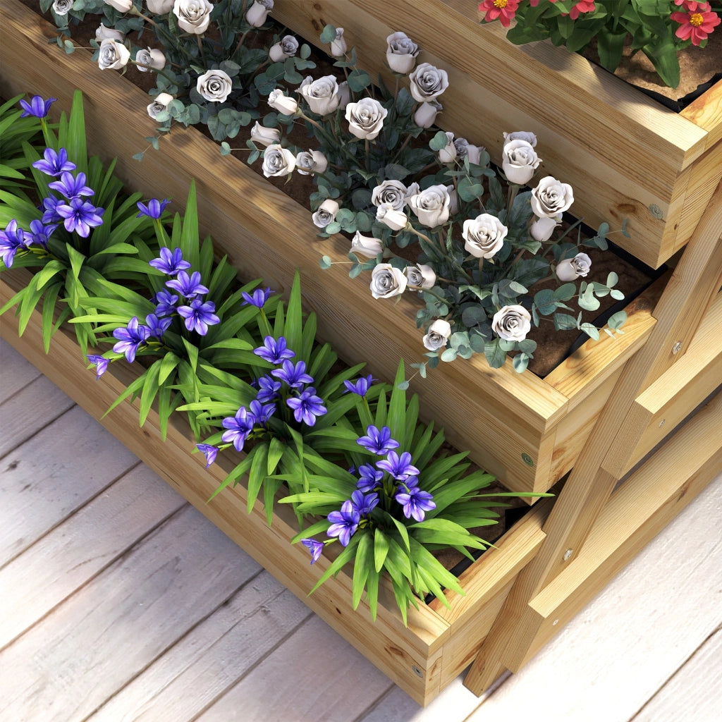 Fioriera Rialzata a 4 Livelli 75x57x60,5 cm con Fori di Drenaggio e Tessuto non Tessuto in Legno di Abete