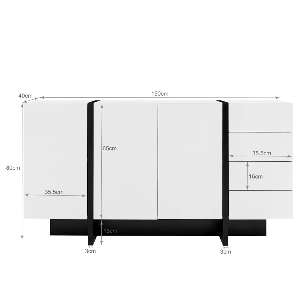 Credenza moderna bianca lucida e nera 150 cm con 2 ante e 4 cassetti