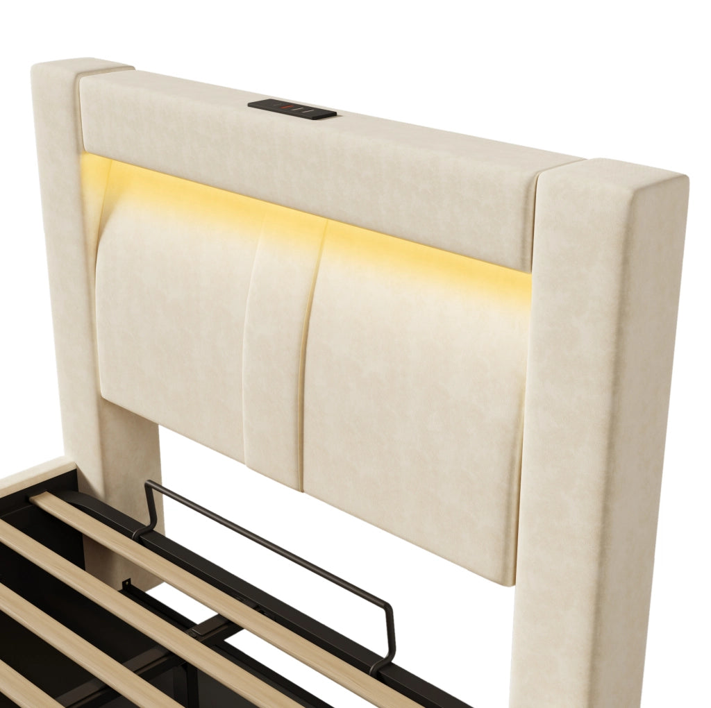 Letto singolo 90x200 cm con contenitore; LED; USB e Type-C; velluto beige; con materasso