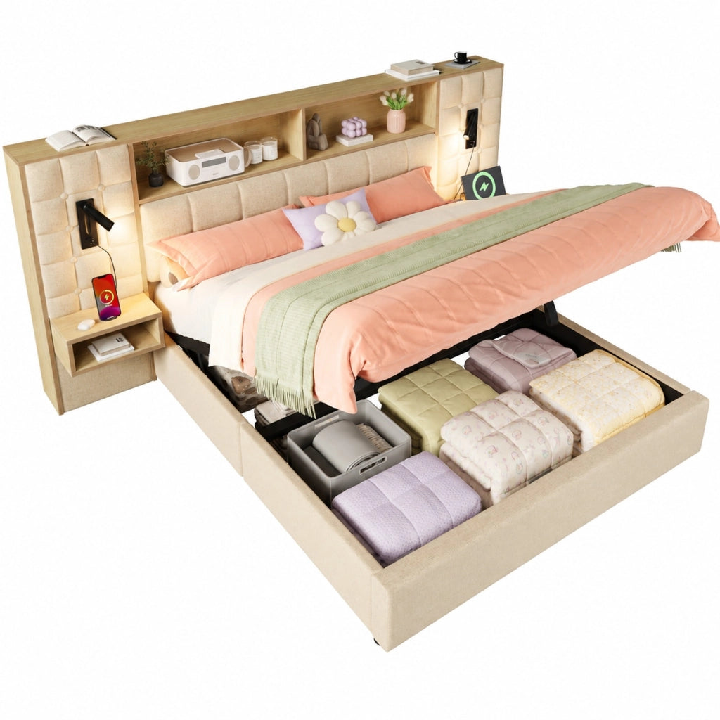 Letto matrimoniale 160x200 cm con contenitore, LED, USB e comodini integrati, in lino beige