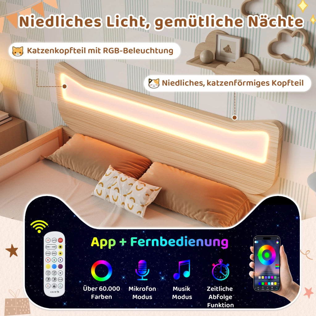 Letto per bambini 140x200 cm con LED RGB, cassetto e vano