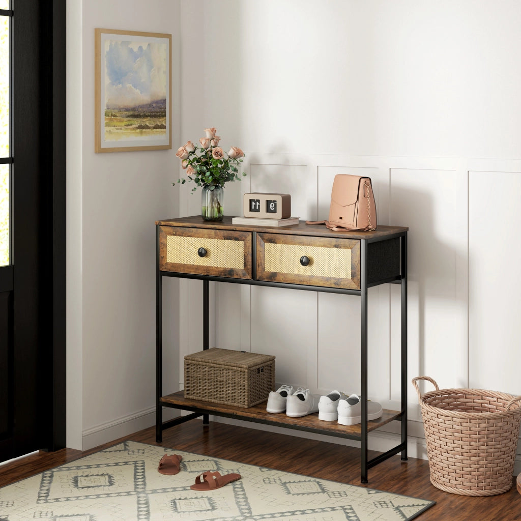 Consolle Ingresso con Ripiani e 2 Cassetti Rattan ¨C Xylo ¨C 80x30x75 cm Marrone