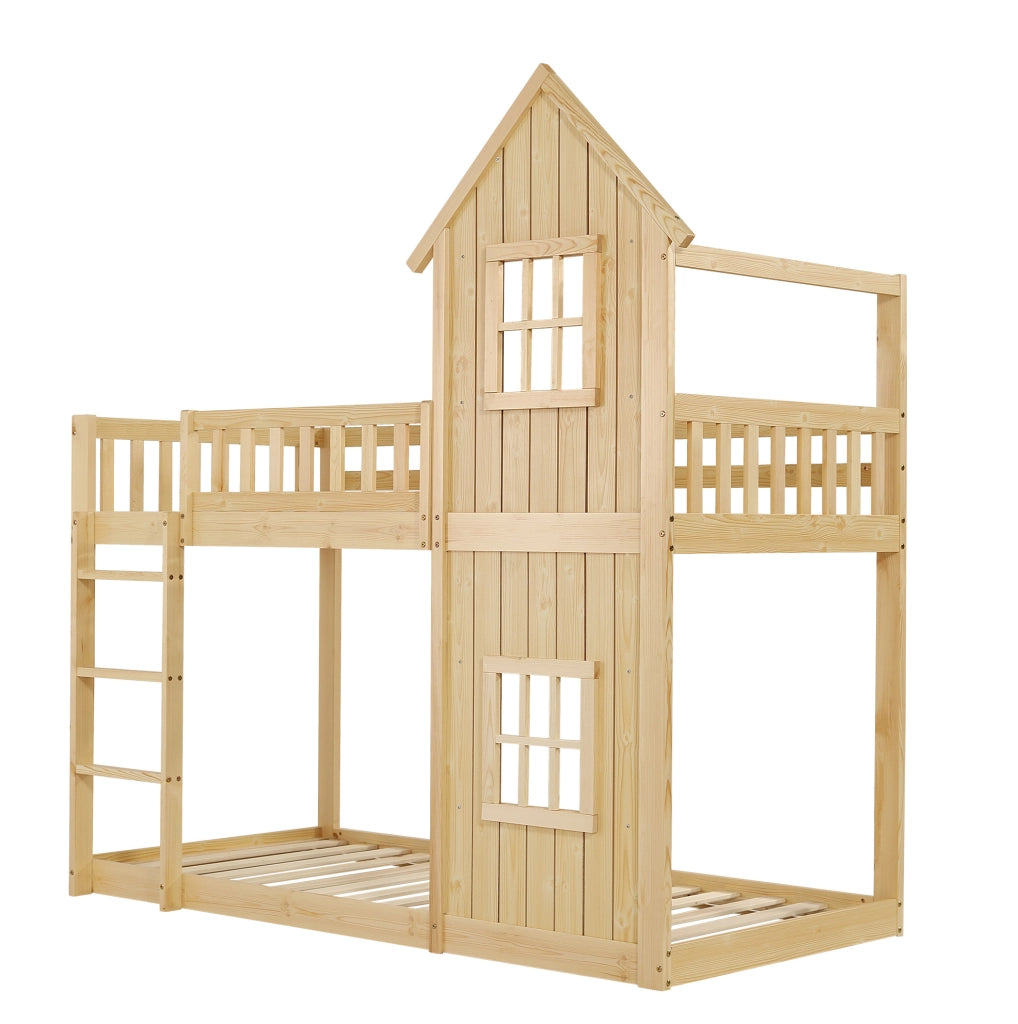 Letto a castello 90x200 cm con scala e finestre in legno di pino e MDF colore naturale