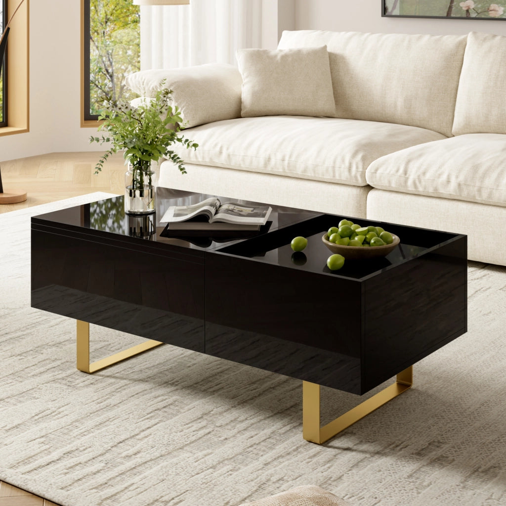 Tavolino da caffè rettangolare con piano alzabile idraulico e cassetto; 100x50x54;5 cm; MDF nero lucido