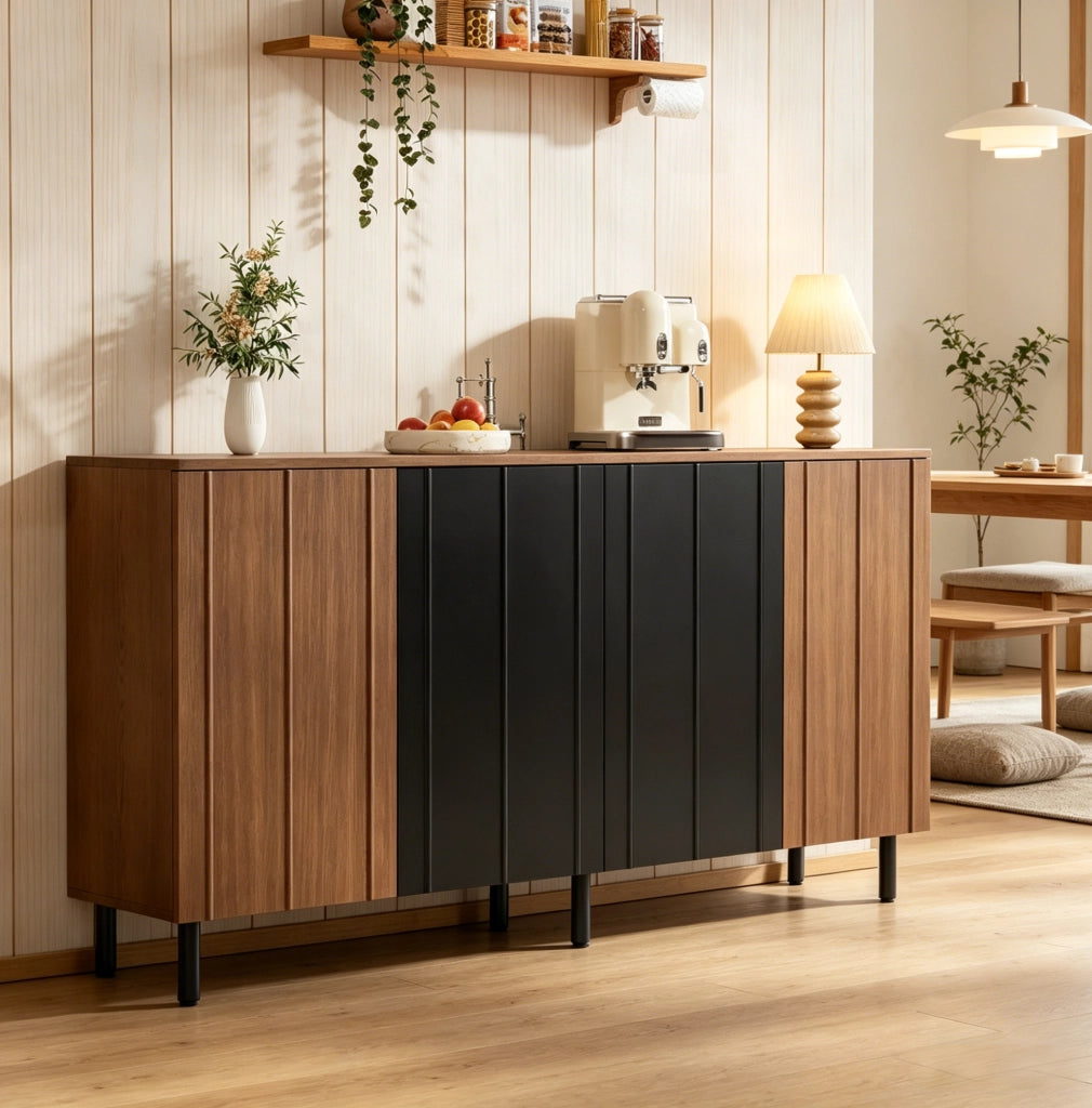 Buffet 160 × 35 × 80 cm in truciolare, noce e nero, con 4 ante e ripiani regolabili