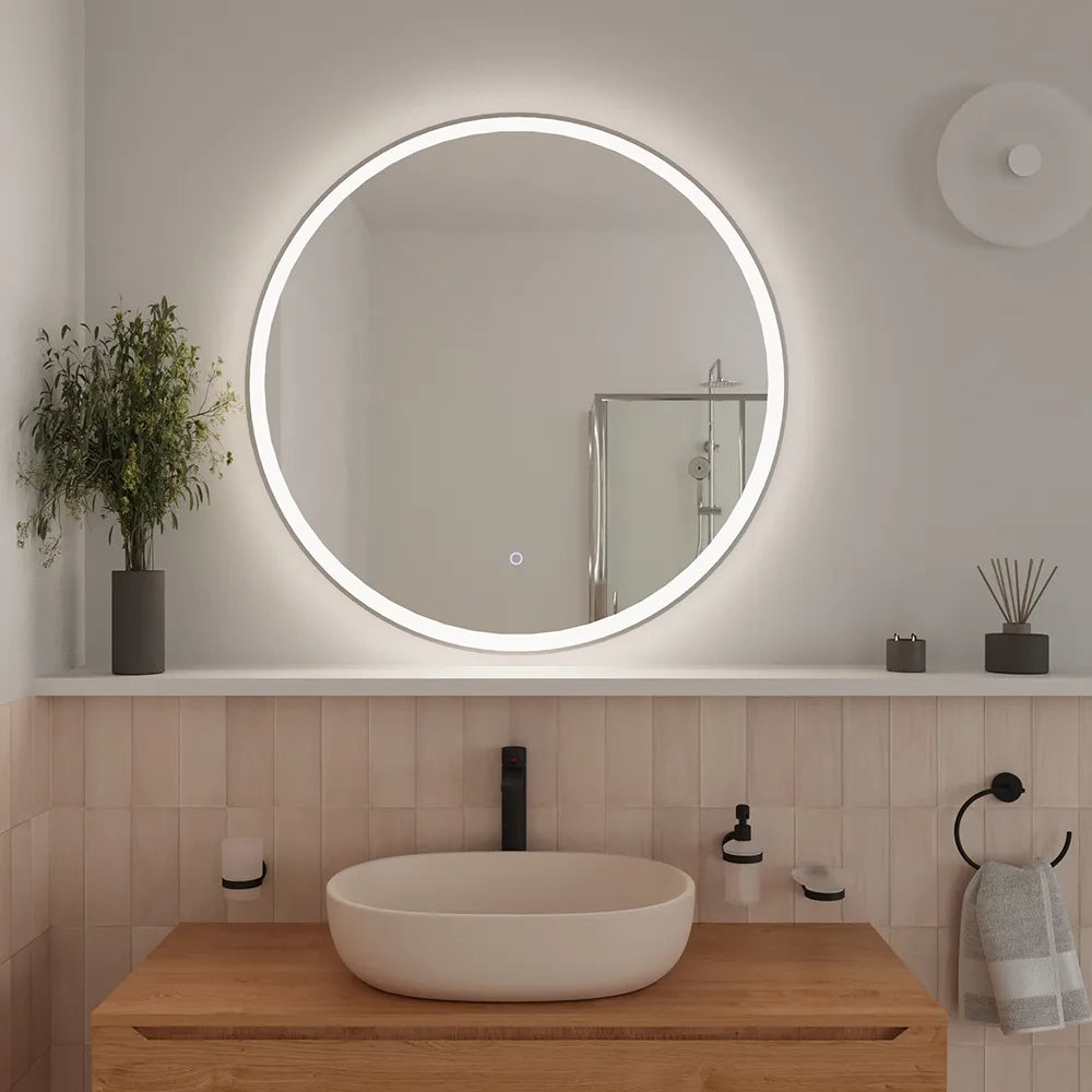 Specchio led tondo Ø 60 cm cornice bianco opaco touch screen luce calda/fredda
