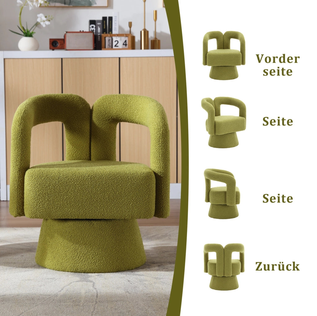 Poltrona girevole 360° in bouclé verde oliva; seduta imbottita 67x55x74 cm
