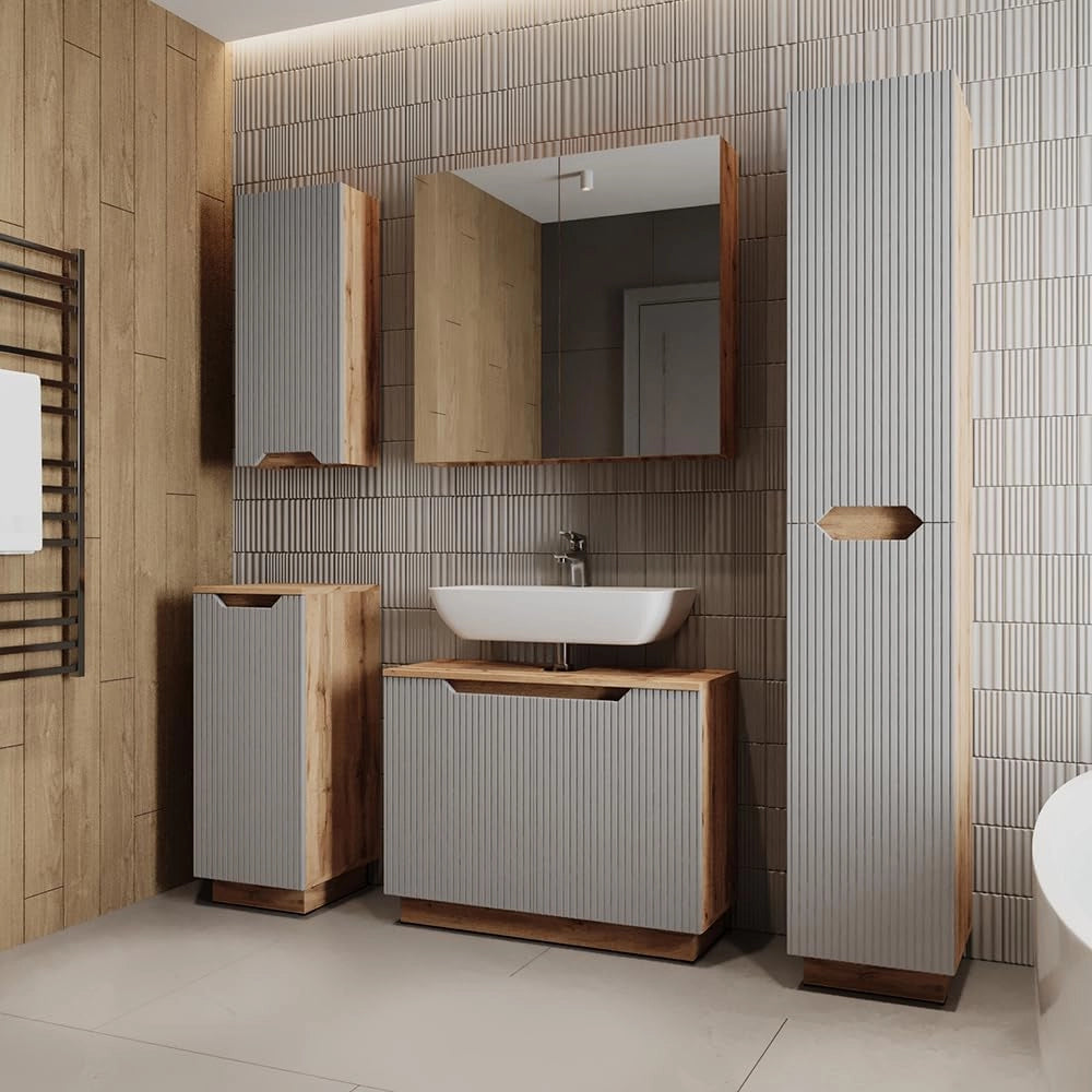 Set di mobili da bagno Lotta, Grigio, 79.6 cm, composto da mobile sottolavabo, specchiera, colonna, base media e pensile