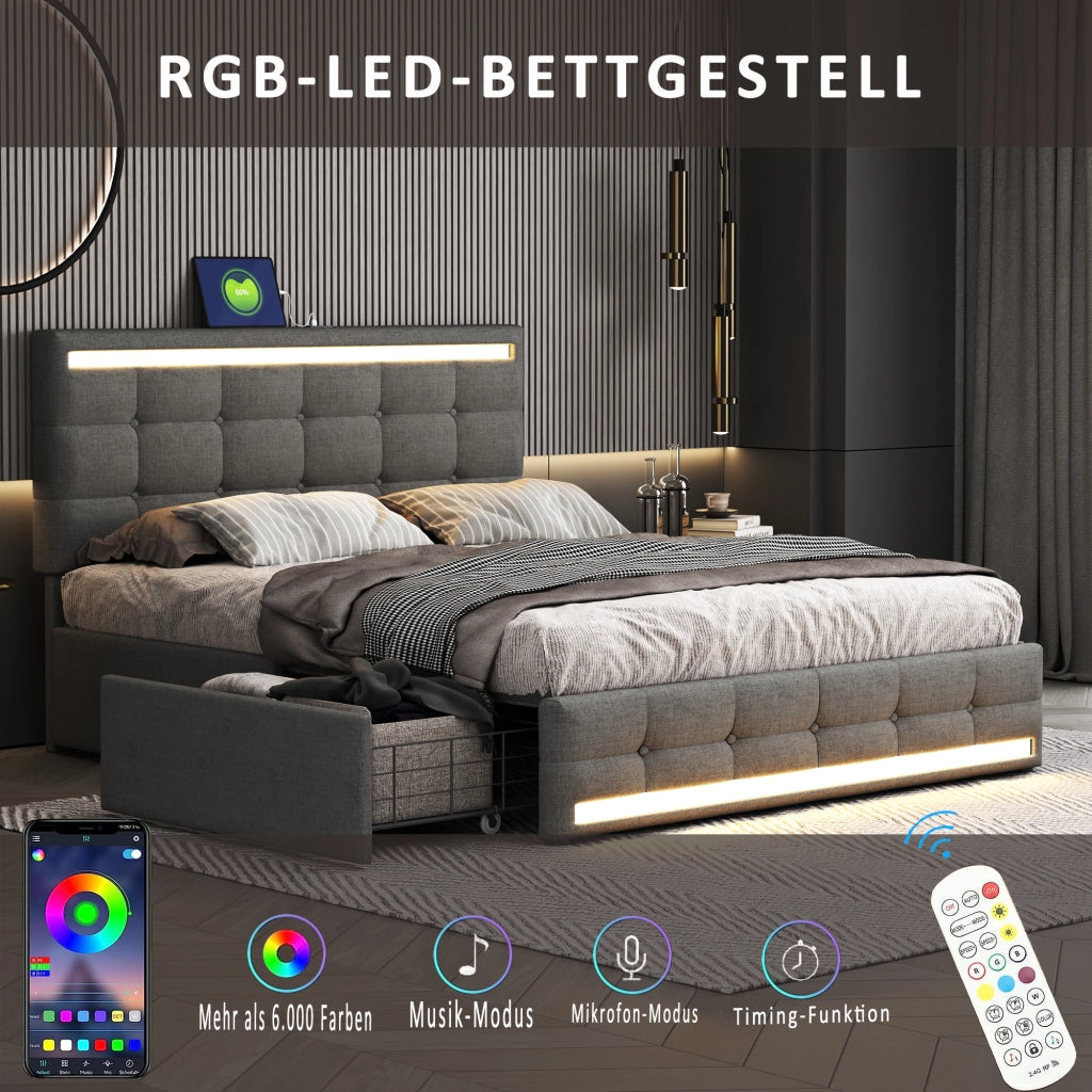 OKWISH Letto con Cassetti 140×200 cm, Letto Matrimoniale con 4 Cassetti, USB, LED Regolabile e Sync Musica, senza Materasso, Grigio