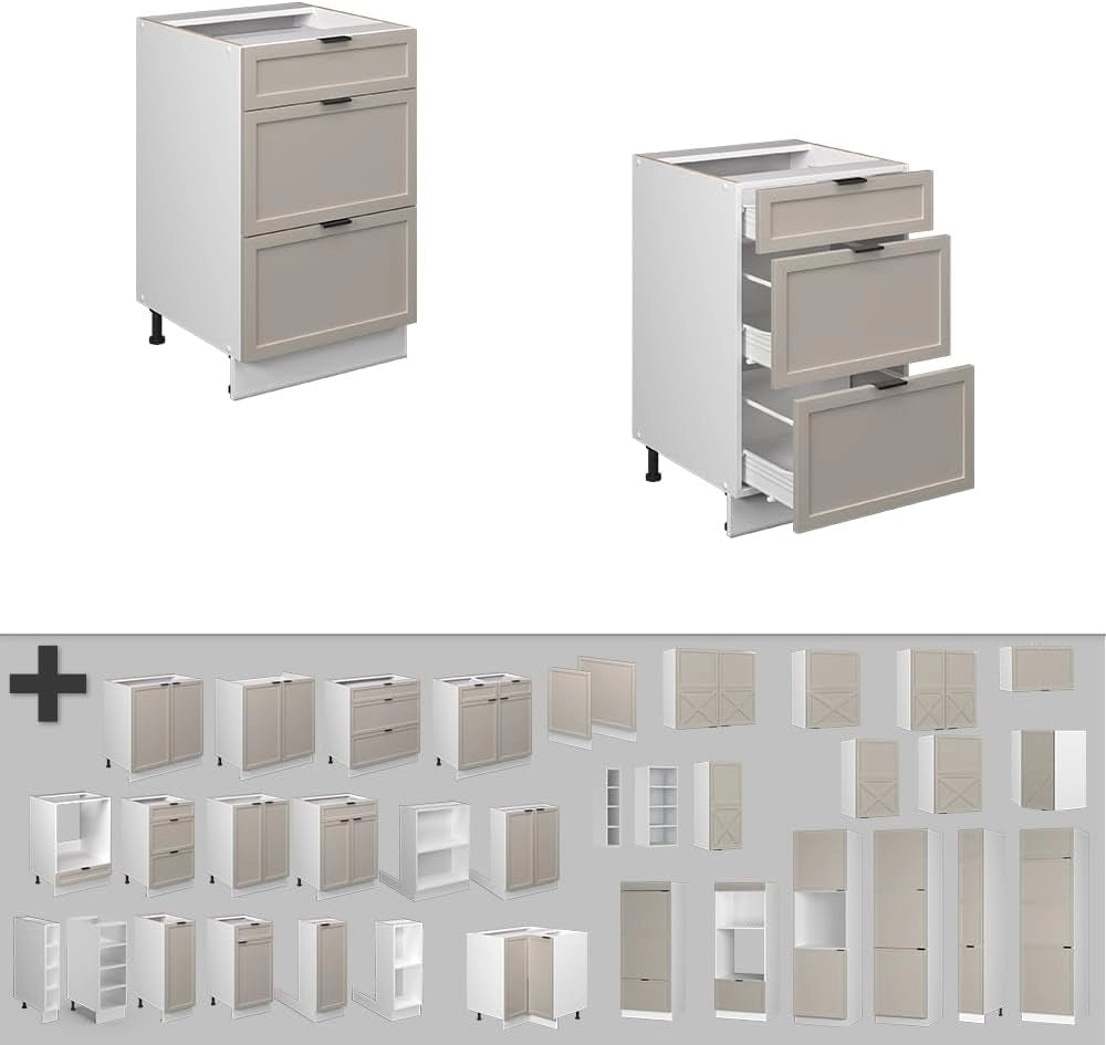 Mobiletto base per cucina Fame-Line, GrigioBeige, 50 cm senza piano di lavoro, per la combinazione con altri moduli della serie Fame-Line