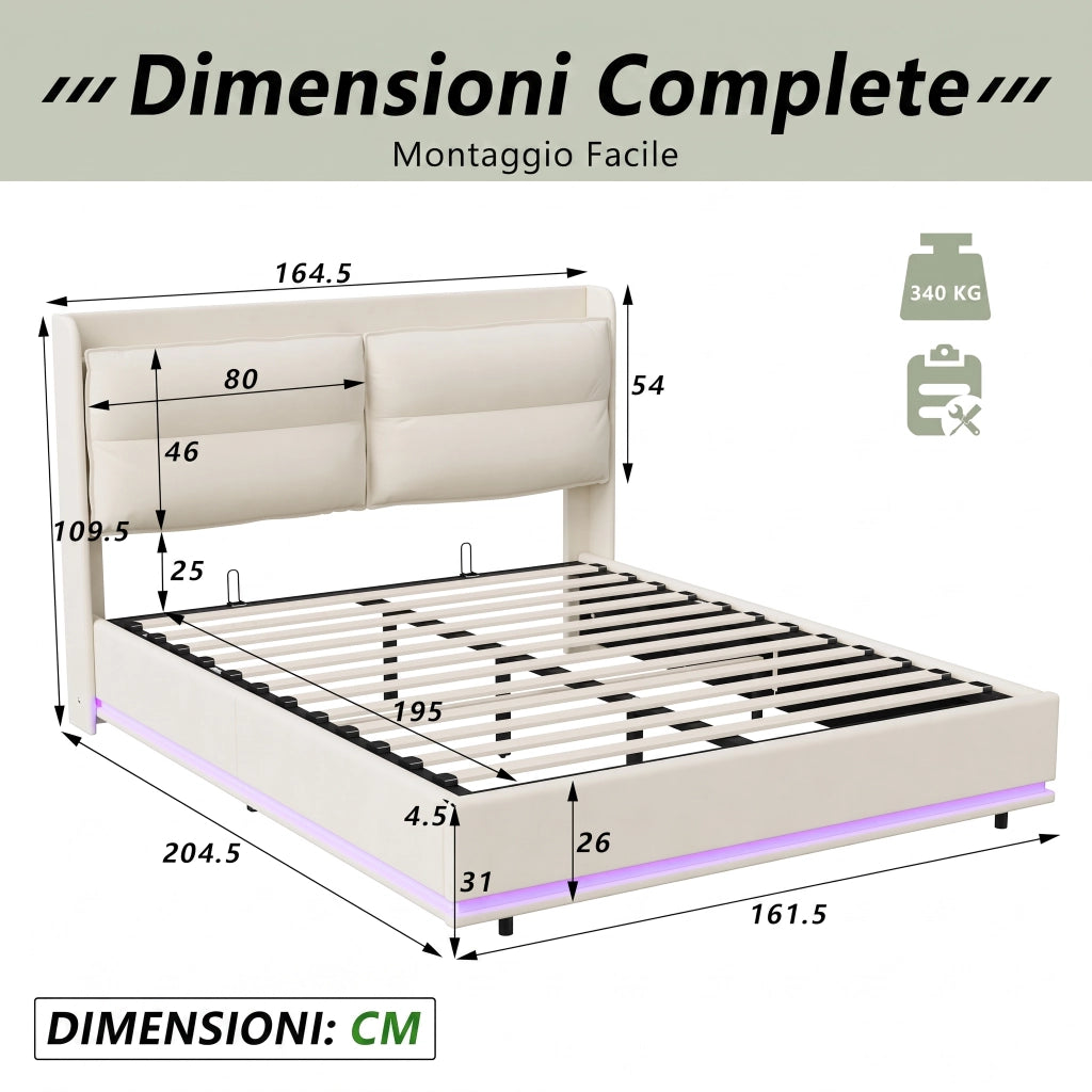 Letto contenitore 160x200 cm velluto beige, testiera imbottita, ricarica wireless, USB‑C e USB, luci RGB‑LED con telecomando, meccanismo idraulico