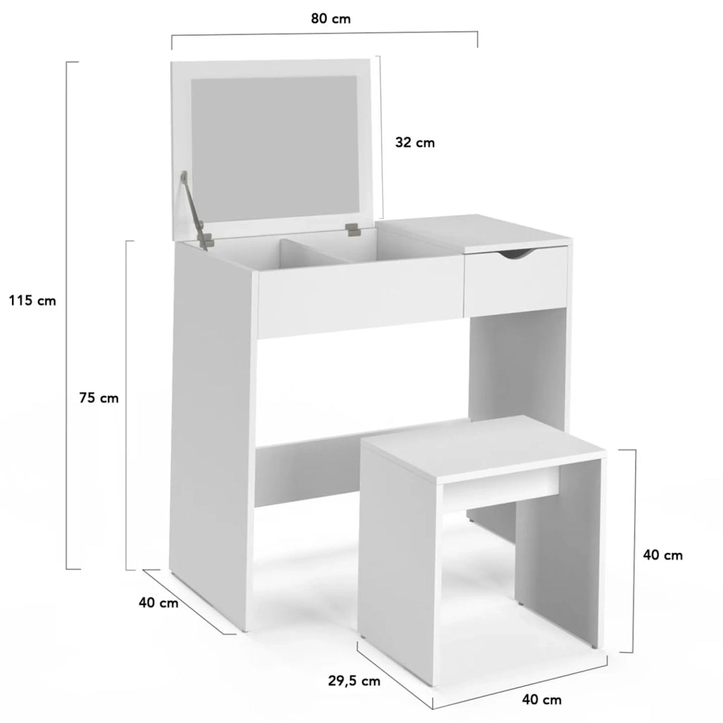 IDMarket - Mobiletto ZELIA con specchio pieghevole, 1 cassetti e 1 sgabello