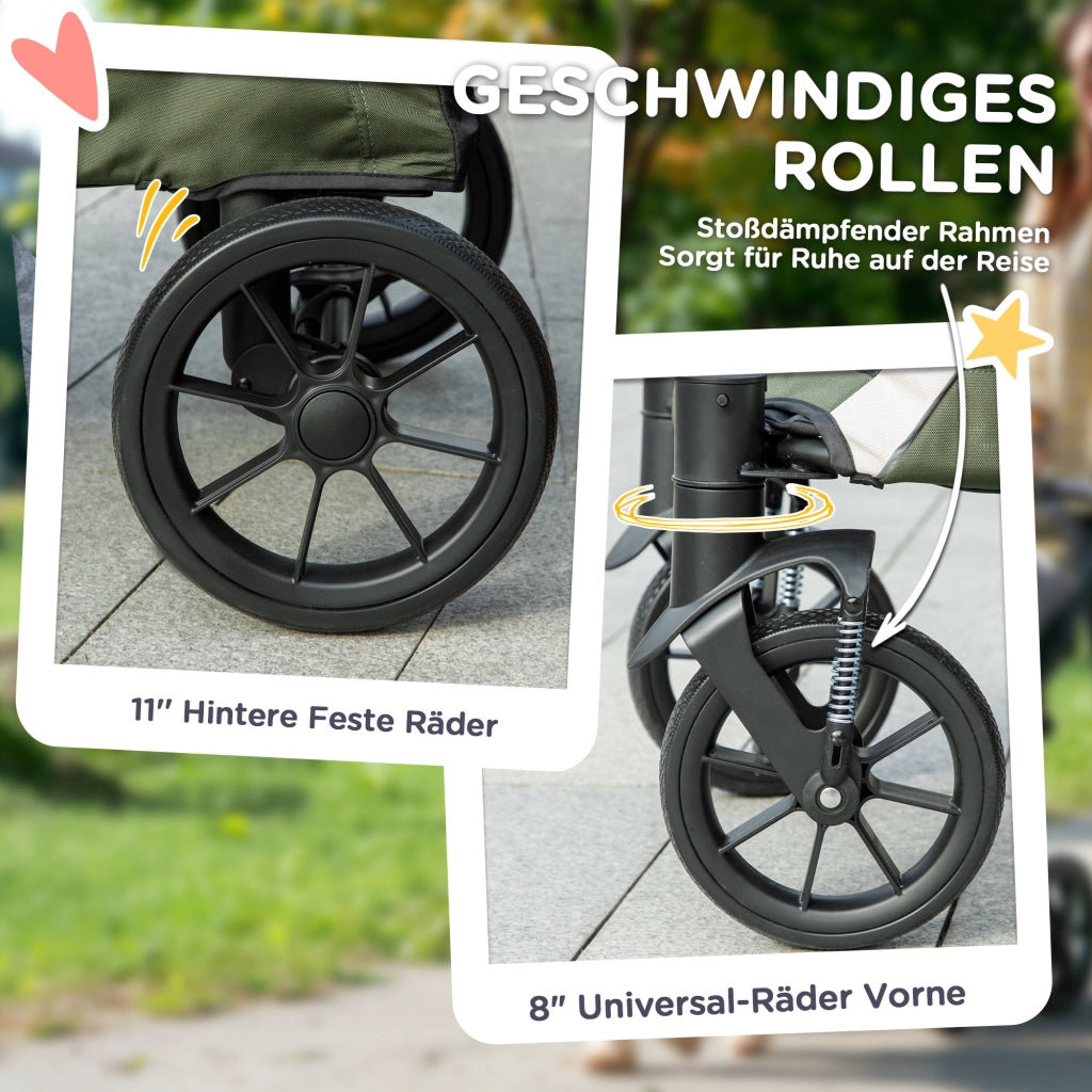 Carrello pieghevole con chiusura a un clic e ruote rimovibili per cani e gatti fino a 30 kg, poliestere, verde scuro