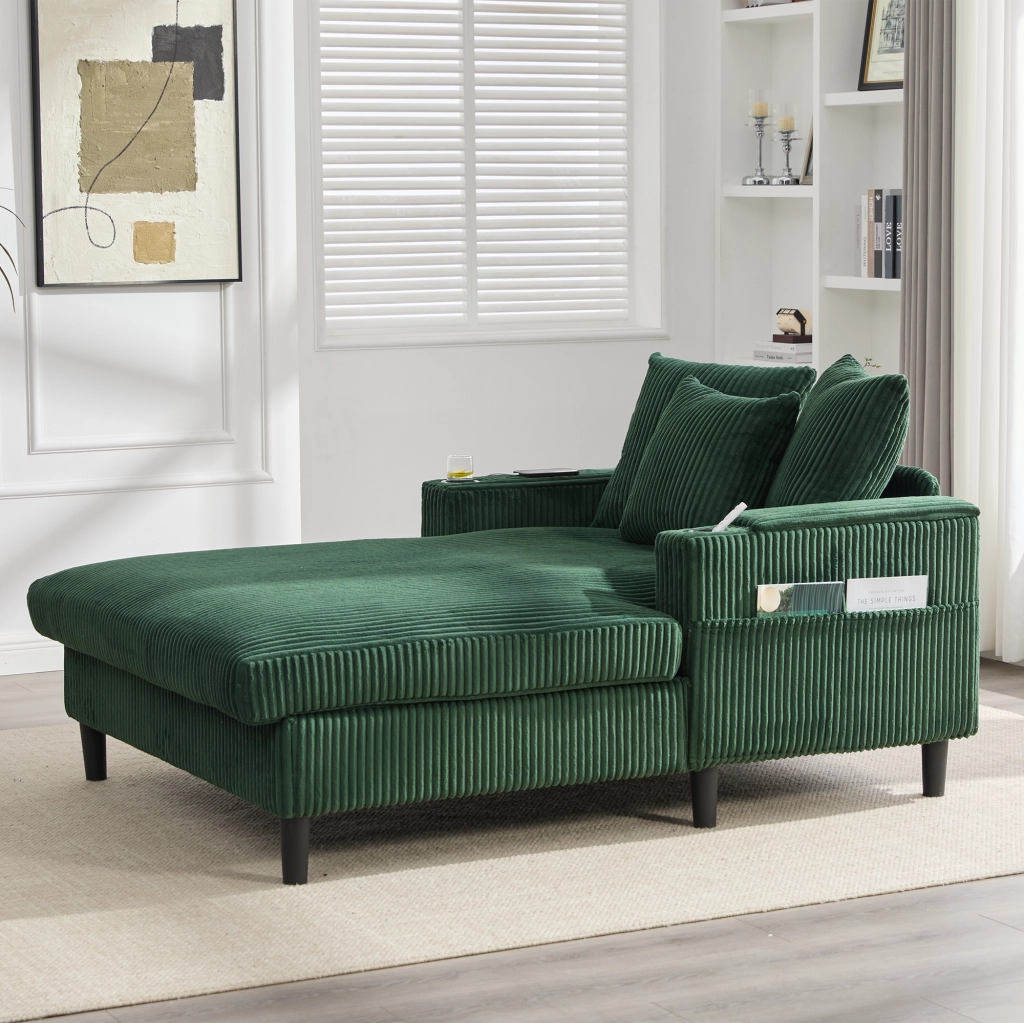 chaise longue in velluto a coste con vano contenitore; porta USB; LED; portabicchieri; verde smeraldo 129 Ã— 170 Ã— 70 cm