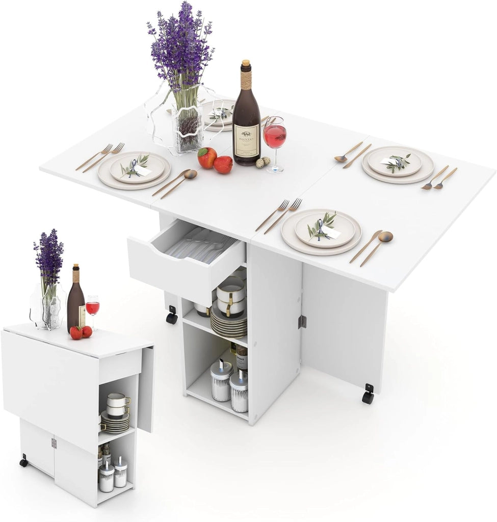 Tavolo da Pranzo Pieghevole, Tavolo Salvaspazio per 4-6 Persone con 2 Ripiani, Cassetto e Ruote a Freno, Tavolino Cucina per Soggiorno, Cucina e Ufficio (Bianco, 34-120 x 72 x 75 cm)