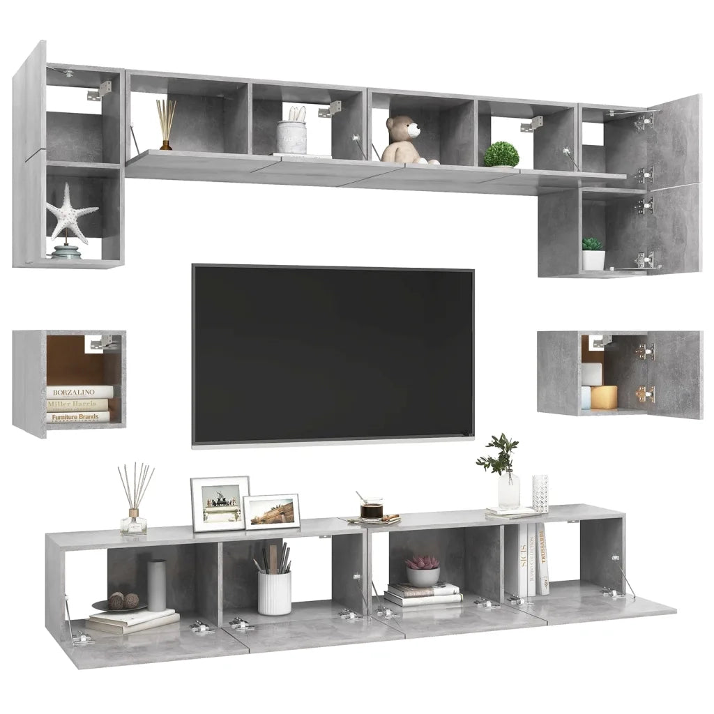 Set di Mobili Porta TV 8 pz | Armadietto TV | Mobile Porta TV Grigio Cemento in Legno Multistrato