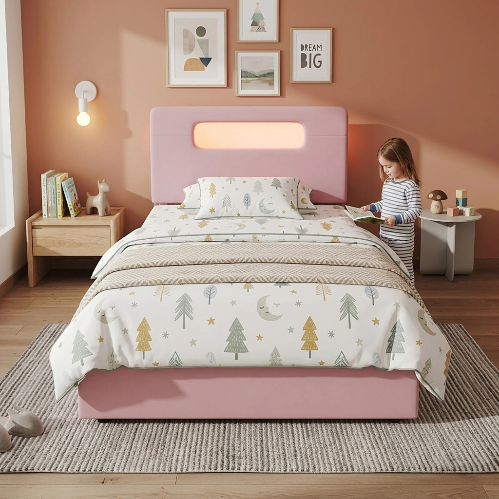 Letto imbottito rosa 90x200 cm con quattro cassetti laterali; velluto