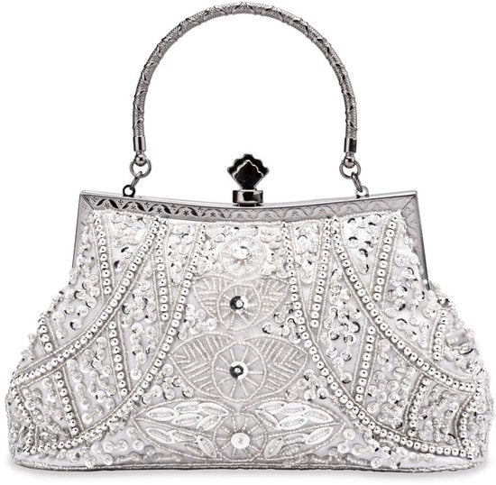 Borsa da sera per donna, portafoglio, design, borsa da sera, con perle e pailletten in argento, unico modello