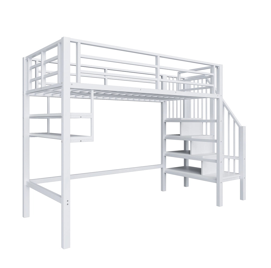 Letto a soppalco per bambini 90x200 cm con scaffali e scala contenitore; bianco; in metallo e MDF