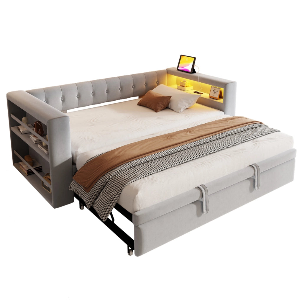 Divano letto multifunzionale 90/180x190 cm con LED; prese e vano contenitore; grigio chiaro