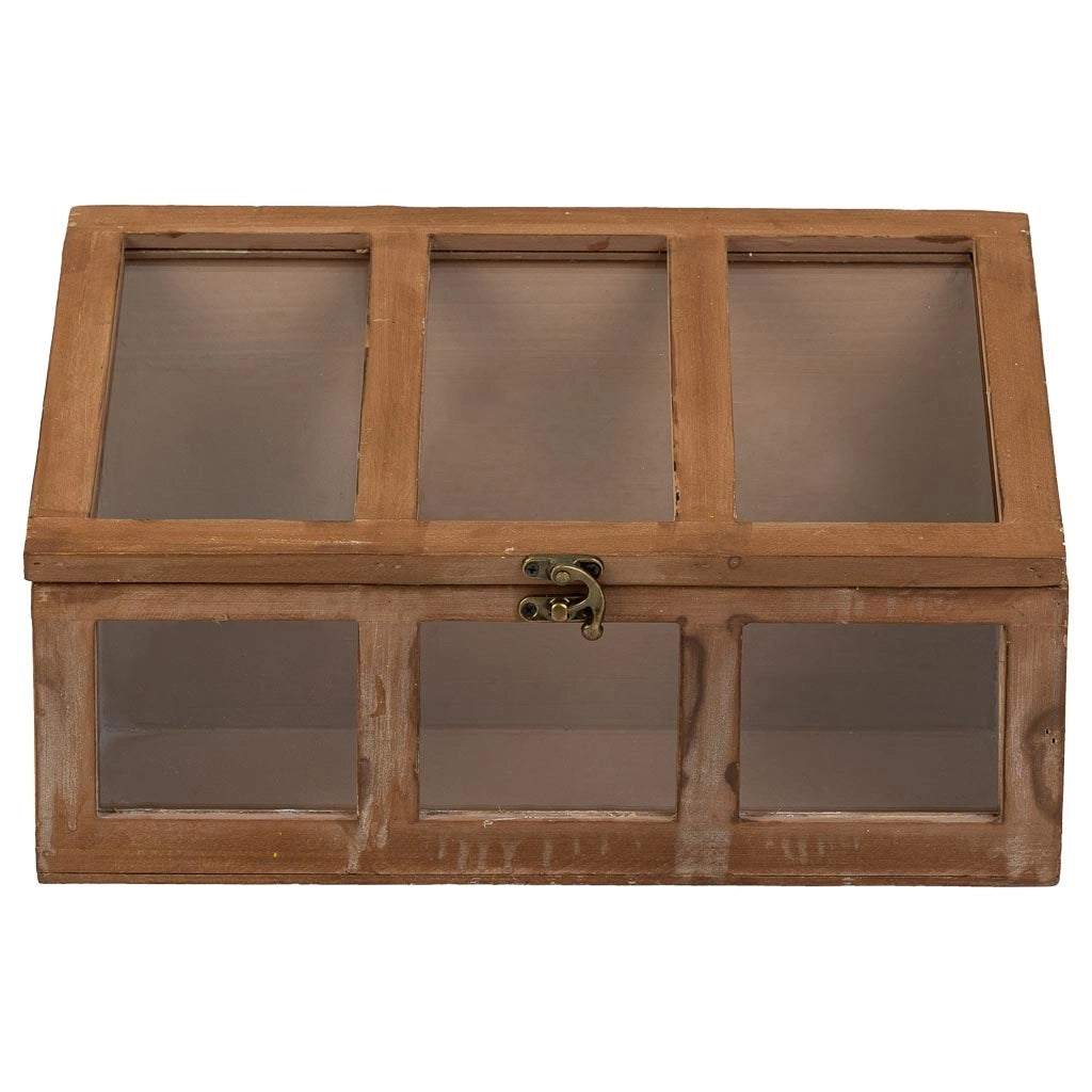 Cassetta in legno marrone con finestre 35x19x12/20h cm