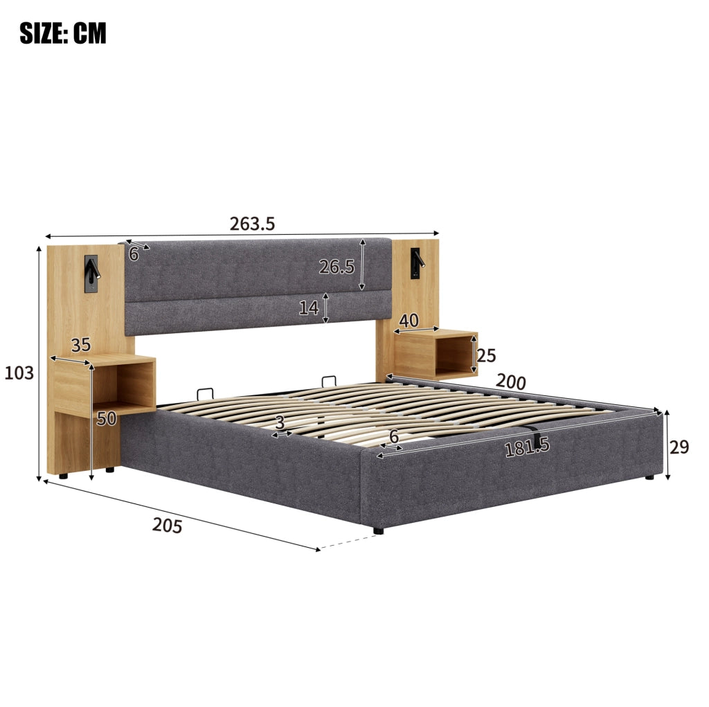 Letto matrimoniale 180x200 cm con contenitore; 2 comodini; USB e luci; in velluto grigio e naturale