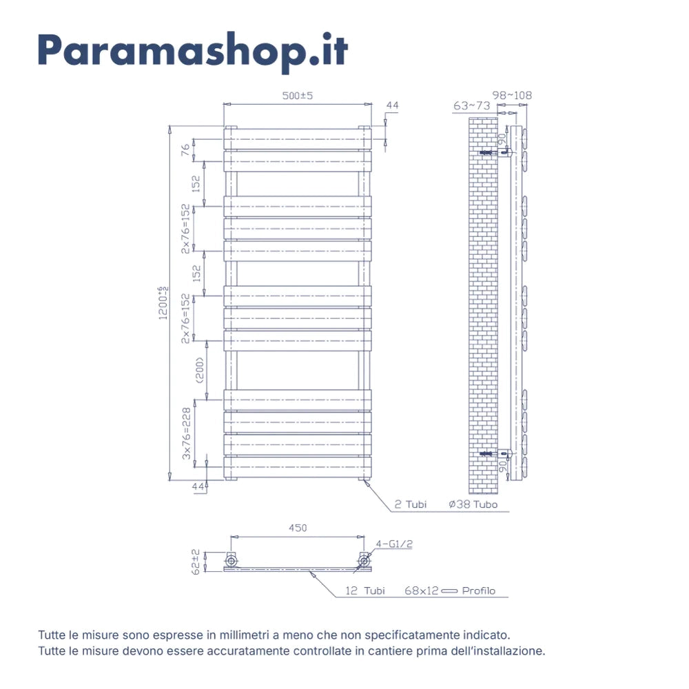 Termoarredo idraulico 1200x500 nero opaco interasse 450 | Andromeda
