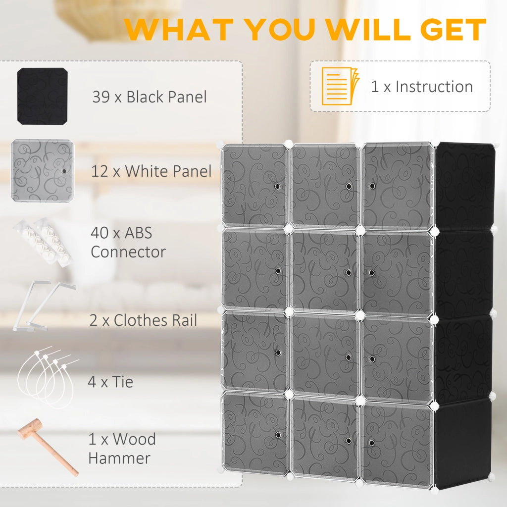 Armadio modulare aperto con 2 barre appendiabiti e 11 vani, per la casa, in plastica, nero, 111 × 47 × 145 cm