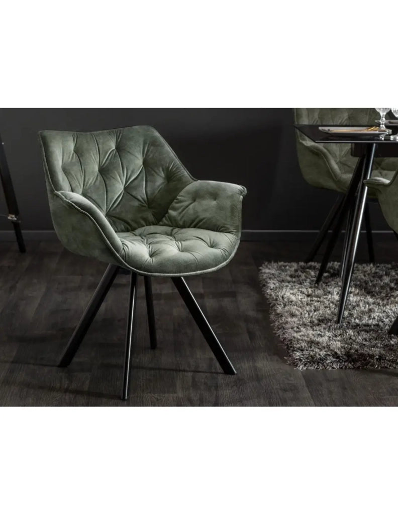 Set di 2 sedie design COMFY girevoli a 180° in velluto verde scuro trapuntato e gambe nere