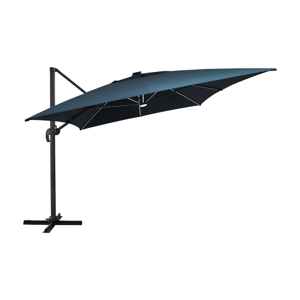 Ombrellone rettangolare da giardino Brez, decentrato (400x300 cm), alluminio e poliestere, LED incluso, apertura antivento con manovella, base inclusa, colore petrolio