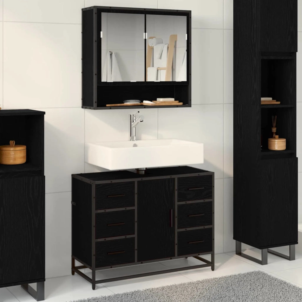 Set di mobili per il Bagno | Armadio da bagno 2 pz Rovere Nero Legno multistrato