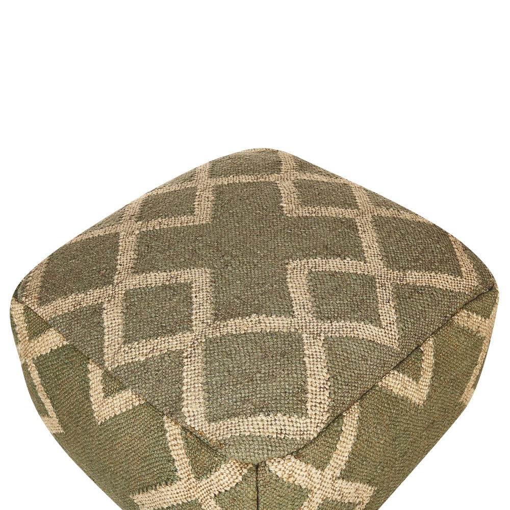 Pouf con motivo geometrico in iuta e lana tessuto a mano di colore verde e beige 50 x 50 cm soggiorno