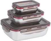 Contenitori alimentari in acciaio inossidabile con coperchio, set da 3, contenitori per preparazione pasti, contenitori alimentari a tenuta di aria, 1500 ml + 600 ml + 220 ml